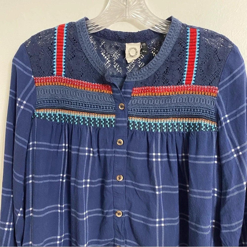 Akemi+Kin Anthropologie Navy Plaid Button-Up Blouse with Embroidered Details 8P - Picture 2 of 6